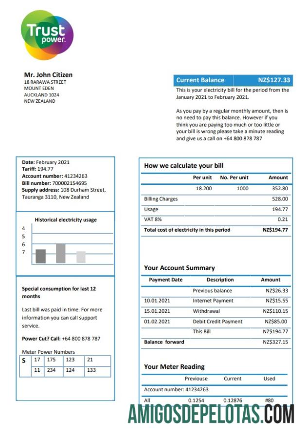 Em branco modelo de conta de serviços públicos Trustpower da Nova Zelândia em formato Word e PDF